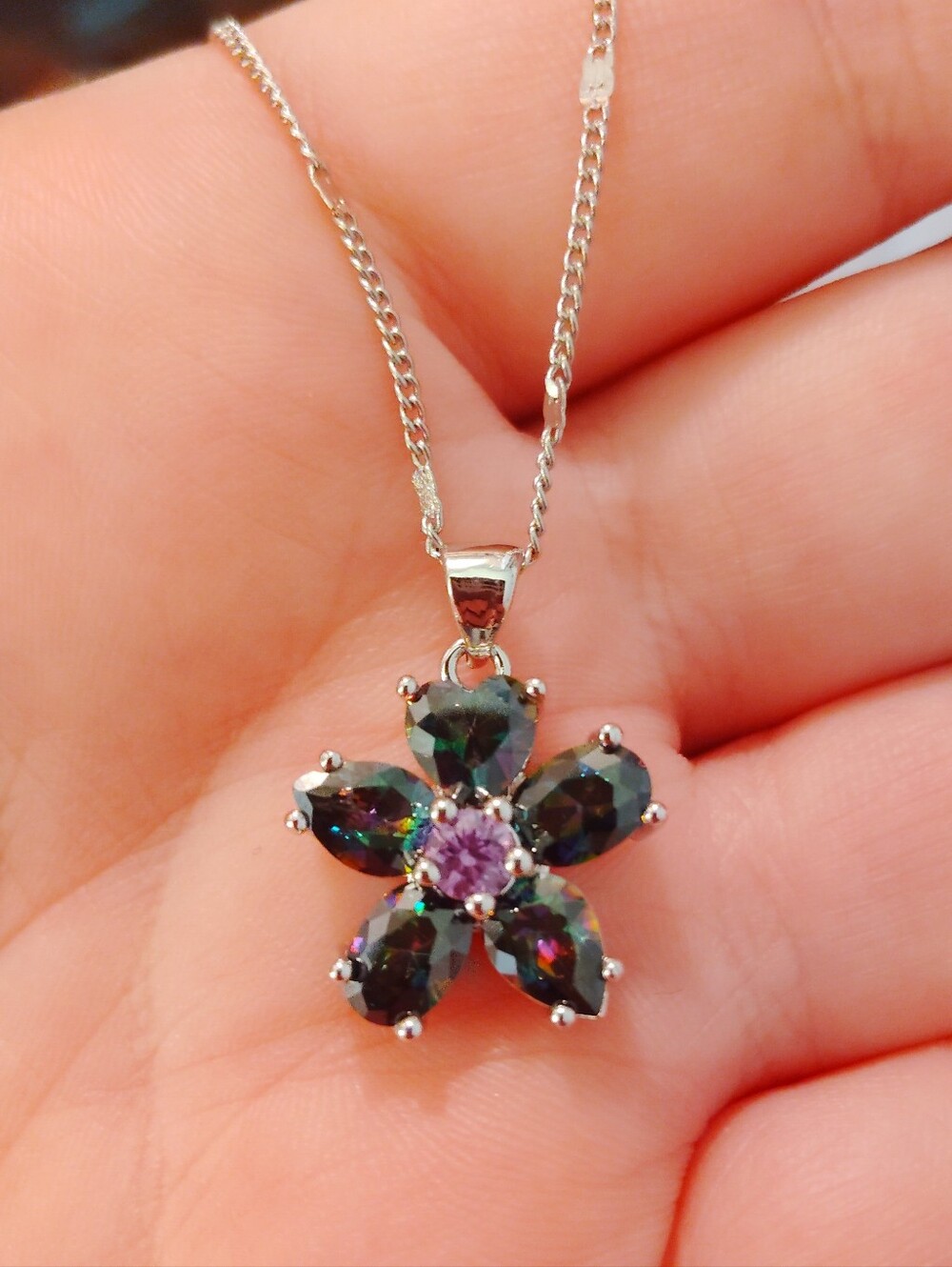 Custom Sterling Silver Mystic Topaz Amethyst Heart Cut Flower Pendant Necklace
